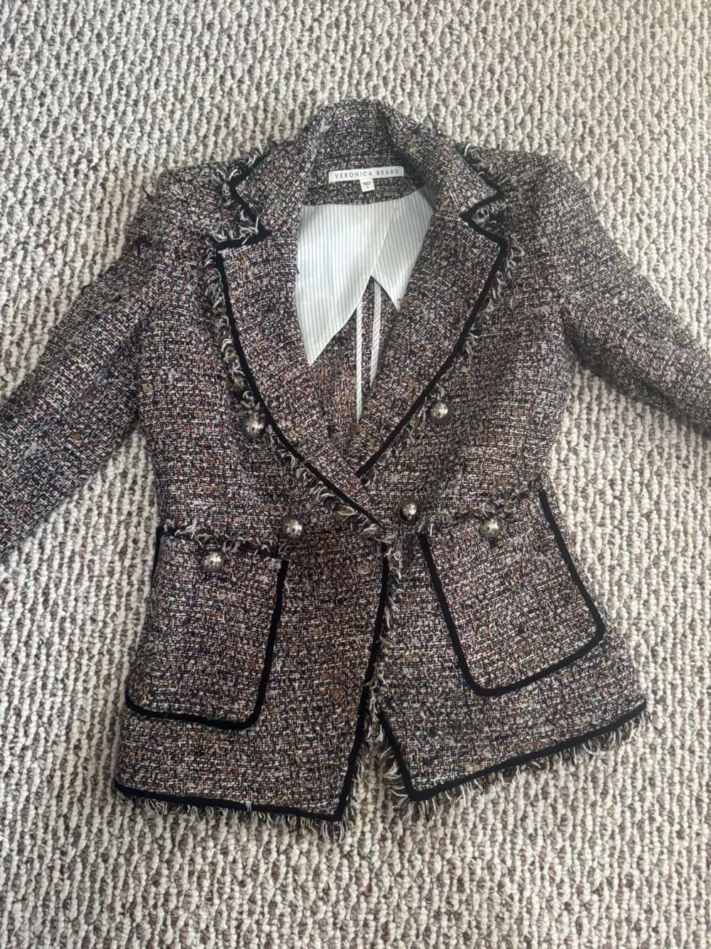 Veronica Beard Multicolor Tweed Double-Breasted Blazer with Black Trim